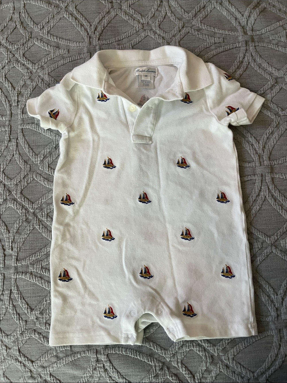 Ralph Lauren White Polo Romper with Nautical Sailboat Embroidery